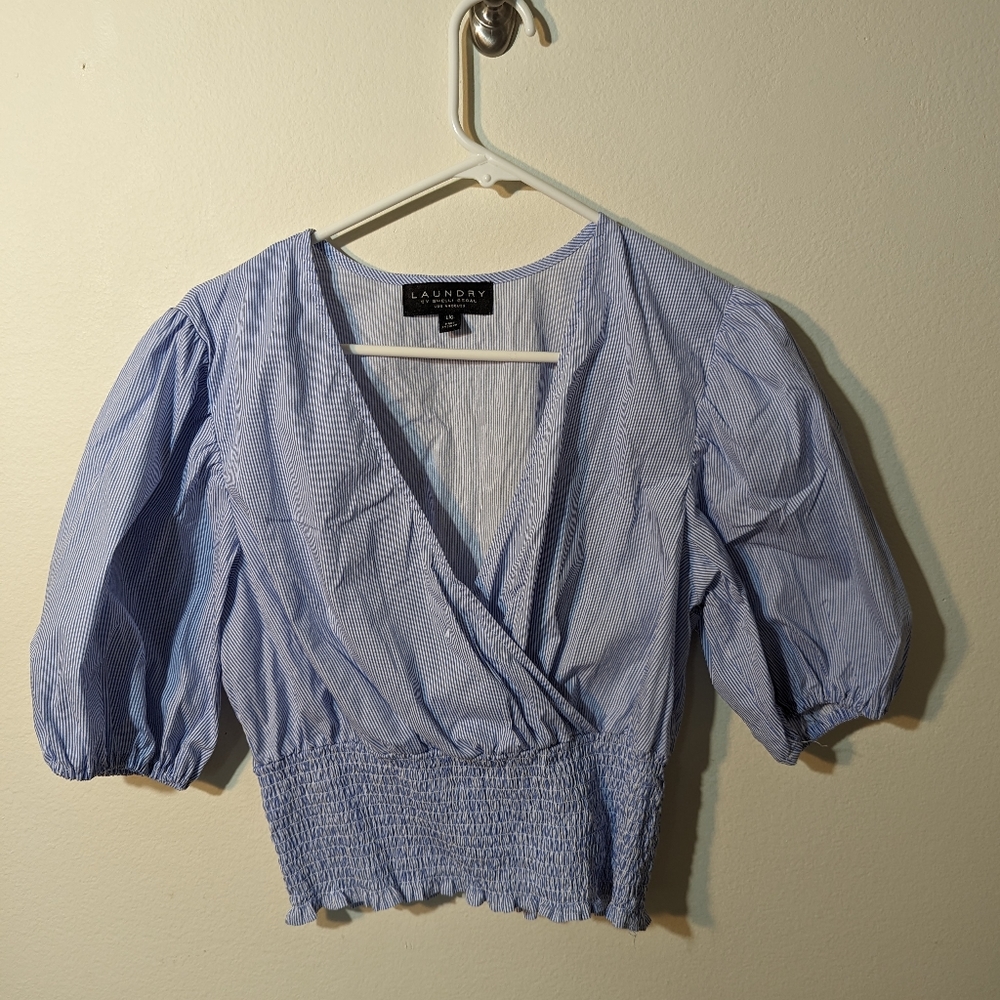 Laundry by Shelli Segal Blue & White Stripe Puff Sleeve Crop Top Size Large